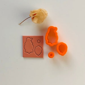 May include: A set of four orange plastic cookie cutters shaped like a bird, a leaf, a circle, and a smaller circle. The cutters are on a pink background.