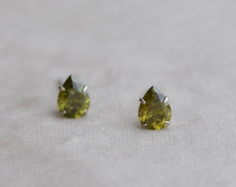 Olive Green CZ Stud Earrings in Sterling Silver,Green Teardrop Gemstone Earrings,Bridesmaid Earrings,Dainty Earrings for Women,Gift for Her