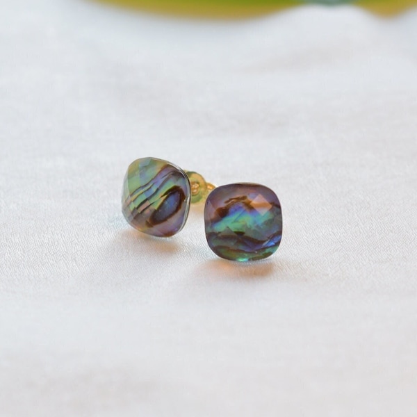 Vintage Abalone Earrings,Paua Shell Stud Earrings,14K Gold PLated,Shell Jewelry,Dainty Faceted Square Earrings,Bridesmaid Gift,GiftforHer