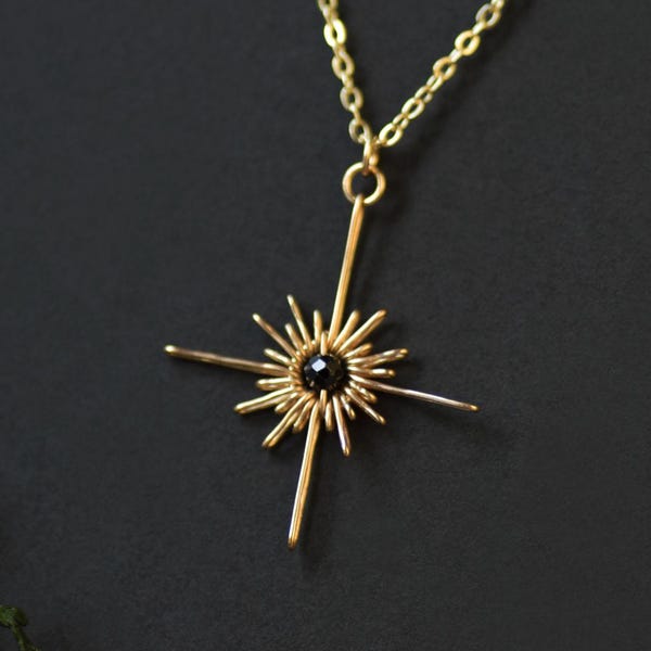 Collar con diseño de rayos de sol y espinela negra, colgante de estrella polar en oro y plata, delicado collar con diseño de estrella y piedras preciosas, envuelto en alambre, regalo de Navidad para mujer.