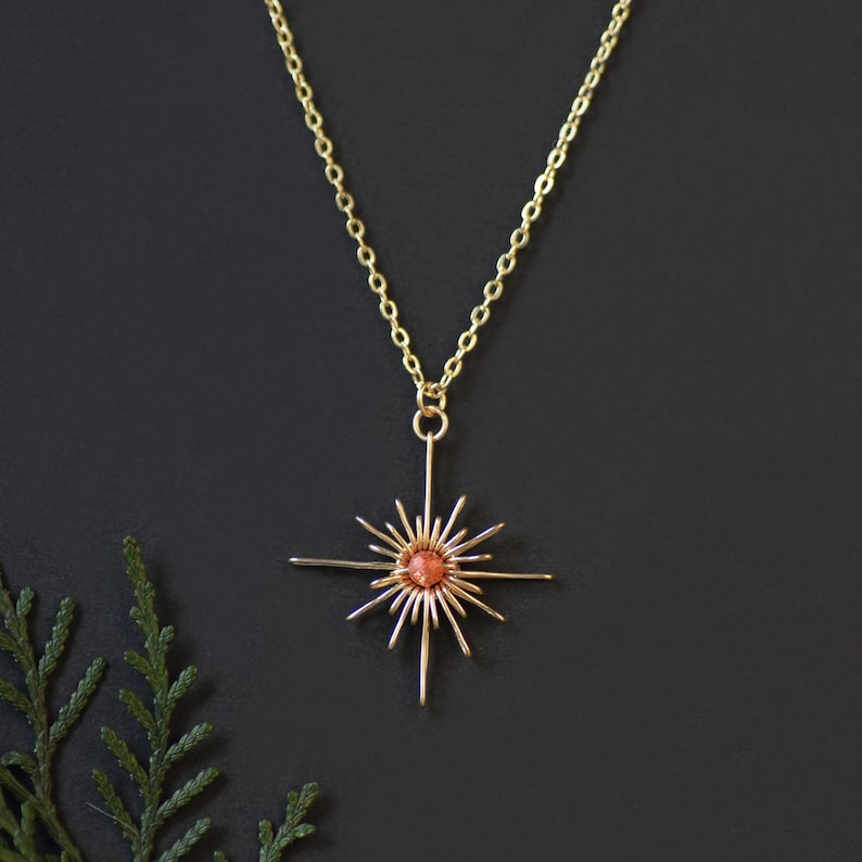 Sunstone Starburst Anhänger Halskette, Gold Silber Celestial Schmuck Bild 2