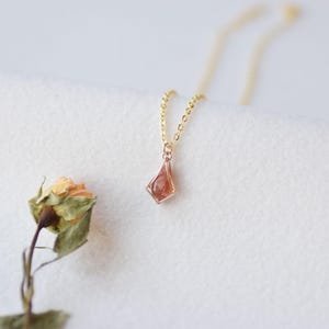 May include: A delicate gold chain necklace featuring a small, kite-shaped pendant with a translucent, reddish-orange gemstone set in a thin gold frame. The necklace is positioned near a dried, pale orange rose with green leaves.