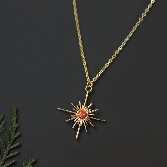 Sunstone Starburst Pendant Necklace, Gold Silver Celestial Jewelry