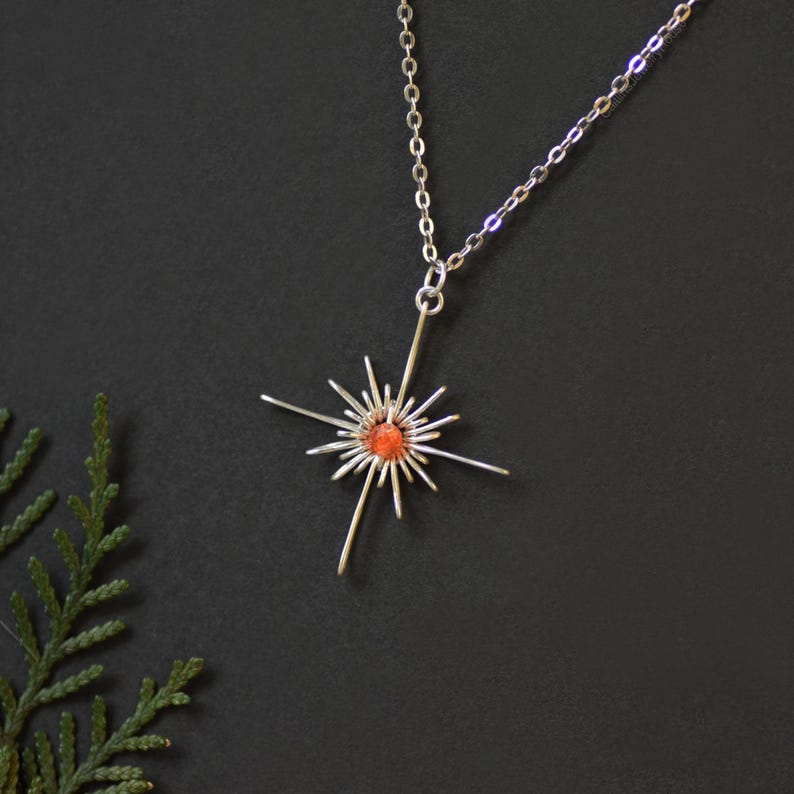 Sunstone Starburst Anhänger Halskette, Gold Silber Celestial Schmuck Silber
