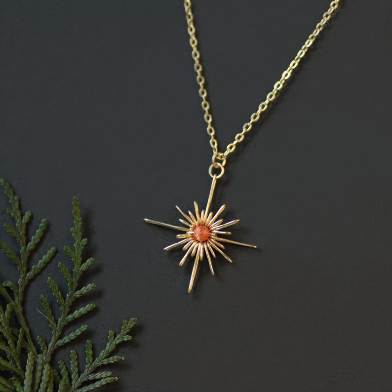 Sunstone Starburst Anhänger Halskette, Gold Silber Celestial Schmuck Bild 3