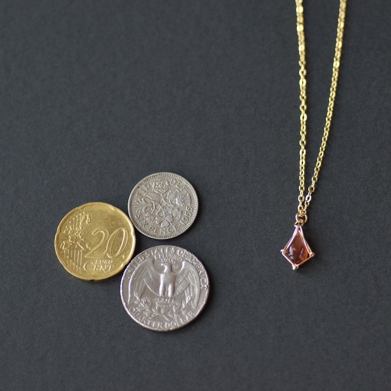 May include: A delicate gold chain necklace featuring a small, kite-shaped pendant with a reddish-brown stone. The necklace is displayed next to a 20 euro cent coin, a British sixpence coin, and a United States quarter for size reference.