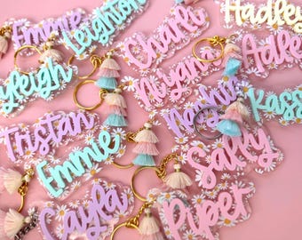 Daisy Personalized Keychain: Acrylic Name Tag, Tassel Bag Charm