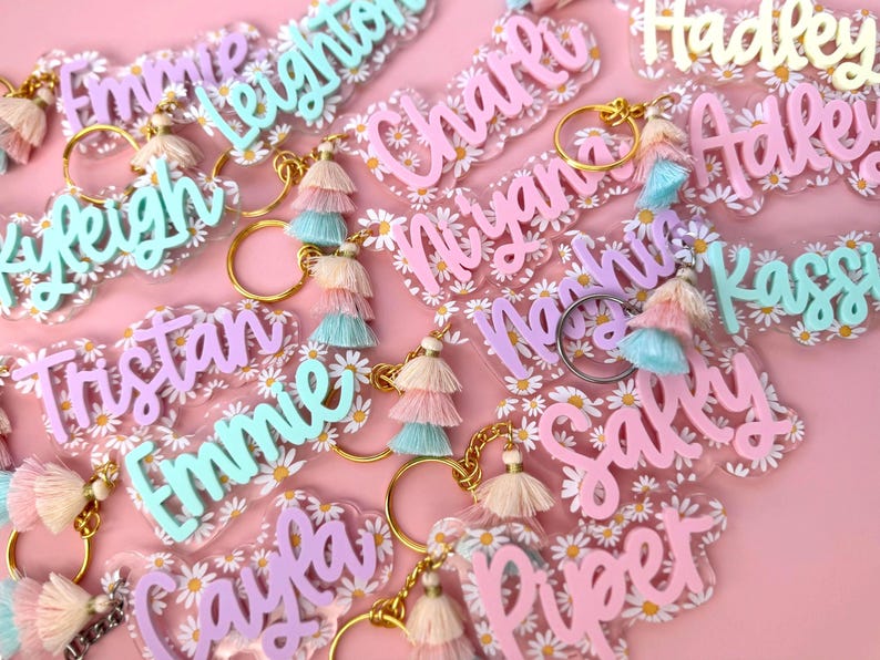 Daisy Personalized Keychain: Acrylic Name Tag, Tassel Bag Charm image 7