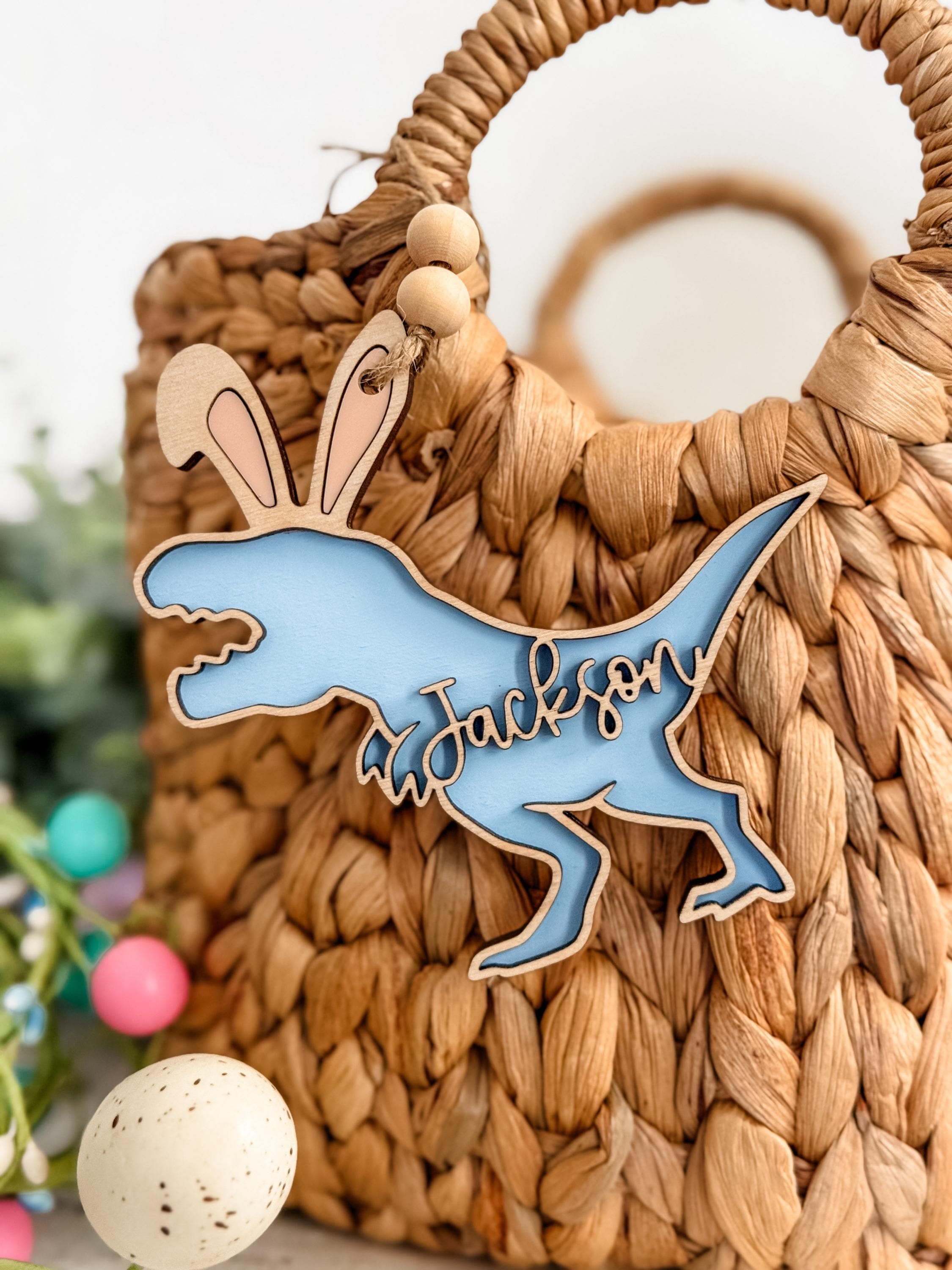 Easter basket tag, personalized name tag, dinosaur decor, Dino easter tag, easter bunny, kids easter decor, Easter egg, baby boy gift