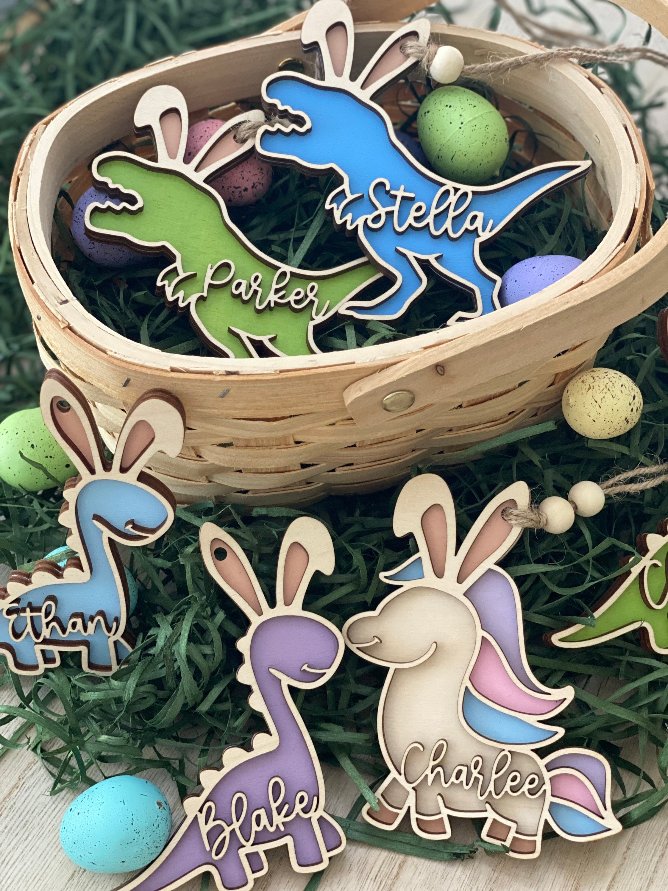 Easter basket tag, personalized name tag, dinosaur decor, Dino easter tag, easter bunny, kids easter decor, Easter egg, baby boy gift