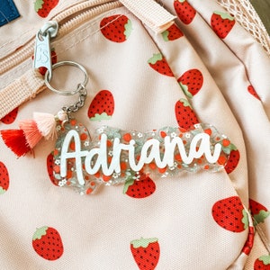 Strawberry backpack tag , personalized keychain,  first day of school, diaper bag tag, valentines name tag,  berry first birthday gift,