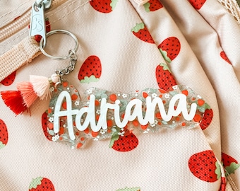 Strawberry backpack tag , personalized keychain,  first day of school, diaper bag tag, valentines name tag,  berry first birthday gift,