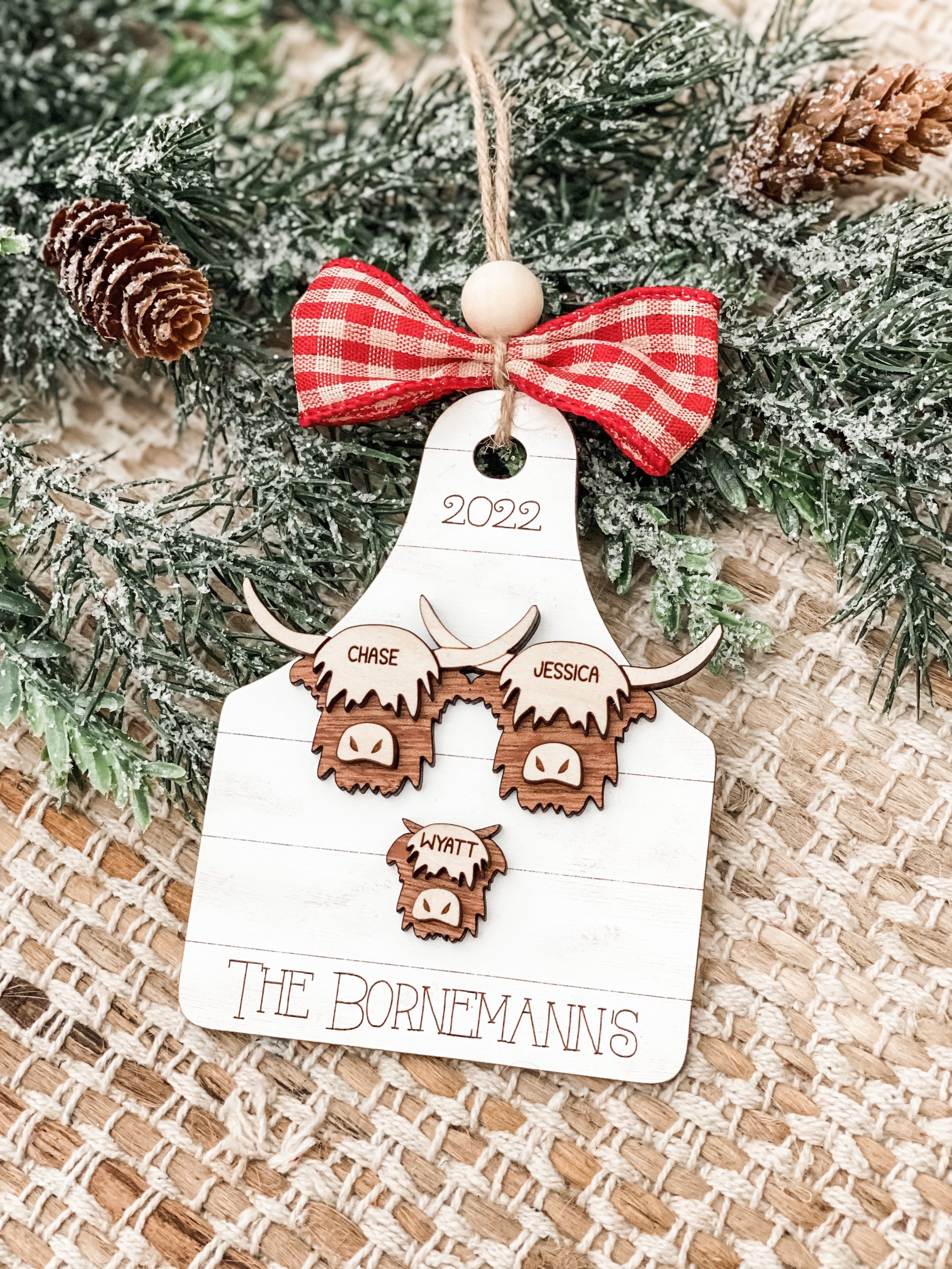 Highland cow, family christmas ornament, farmhouse Christmas, 2025 ornament, rustic christmas ornament, boho farmhouse decor