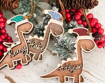 Personalized Dinosaur Christmas Ornament: Engraved Wood, Glitter Hat
