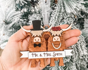 Newlywed Christmas ornament, just married keepsake, engagement ornament, wedding ornament, highland cow, our first Christmas