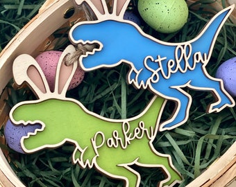 Easter basket tag, personalized name tag, dinosaur decor, Dino easter tag, easter bunny, kids easter decor, Easter egg, baby boy gift