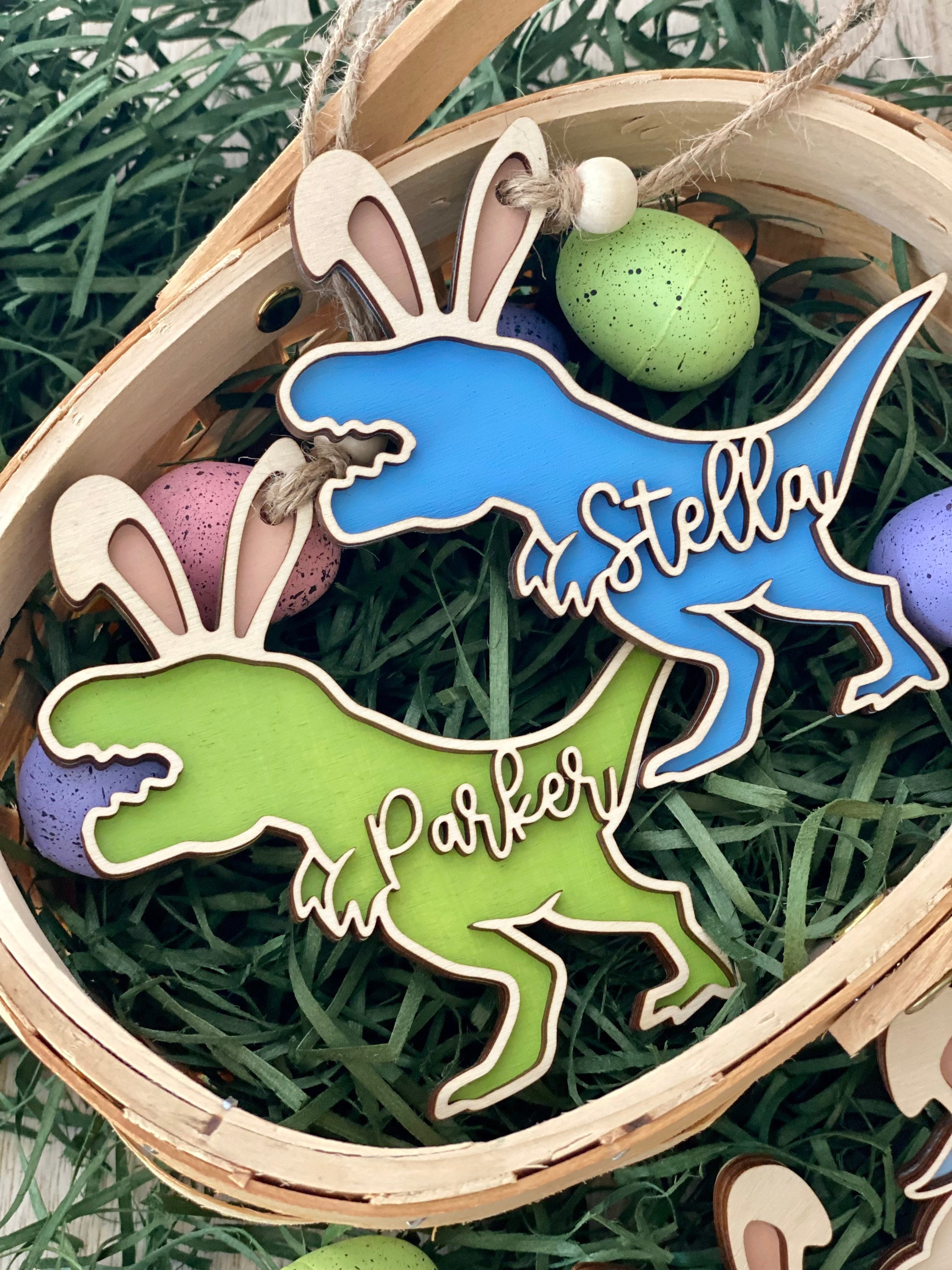 Easter basket tag, personalized name tag, dinosaur decor, Dino easter tag, easter bunny, kids easter decor, Easter egg, baby boy gift