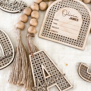 Rattan birth announcement, newborn stat sign, baby name announcement, baby photo prop, baby shower gift, boho decor, boho nursery