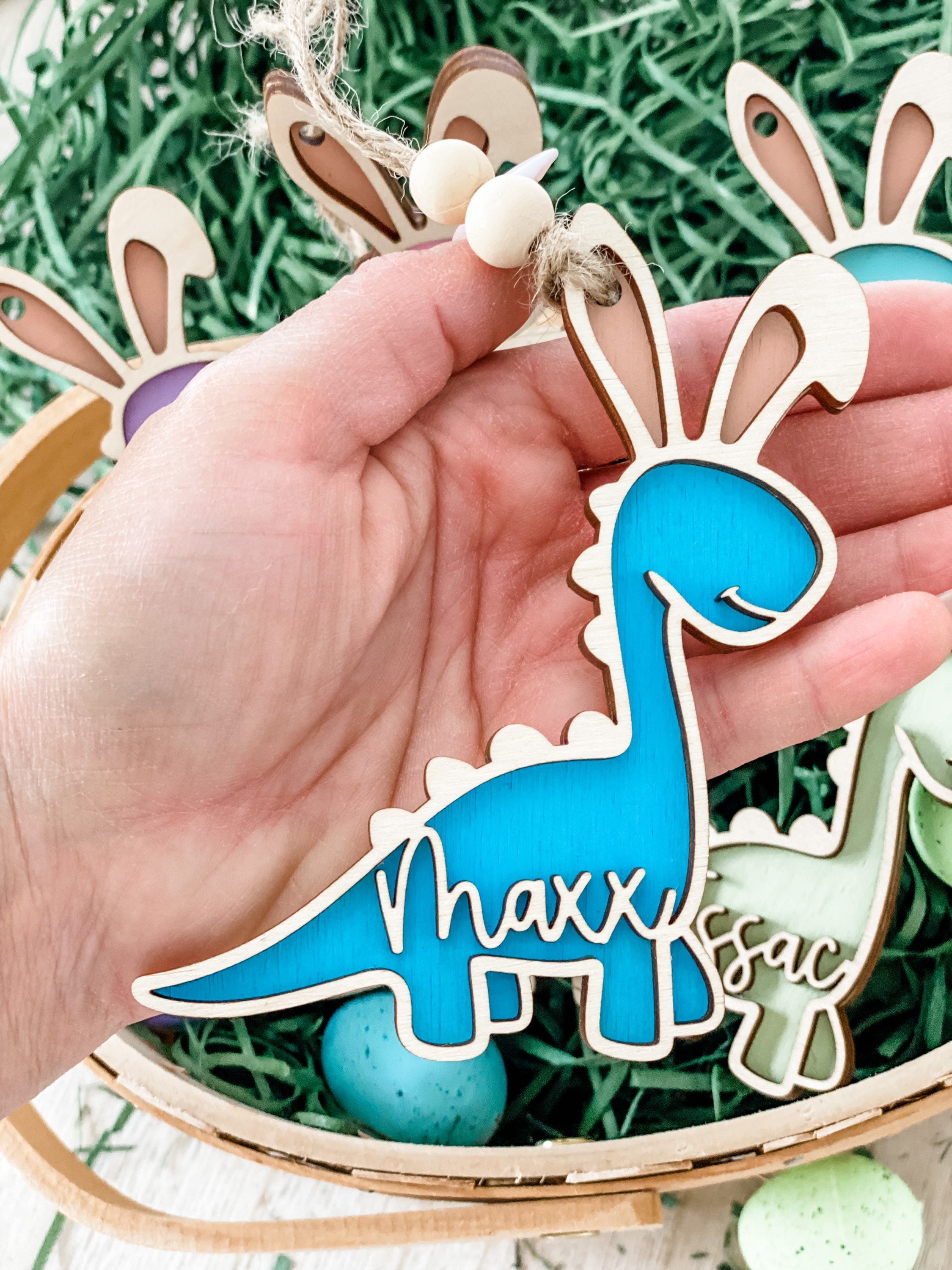 Easter basket tag, personalized name tag, dinosaur decor, Dino easter tag, easter bunny, kids easter decor, Easter egg, baby boy gift