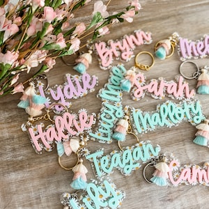 May include: A collection of colourful acrylic keychains with names written on them. Each keychain has a tassel and a daisy pattern. The names on the keychains are: Bryn, Mel, Lydie, Hallie, Lucas, Sarah, Mallory, Teagan, Lily, and Cami.