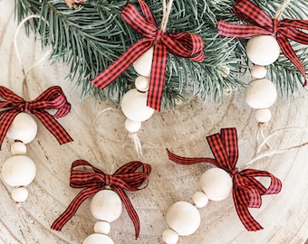 Buffalo Check Christmas Ornaments: Red and Black Plaid Wooden Bead Set