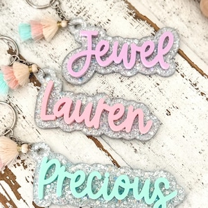 Name backpack tag, Personalized Glitter Acrylic Keychain: Backpack Tag, Diaper Bag Charm