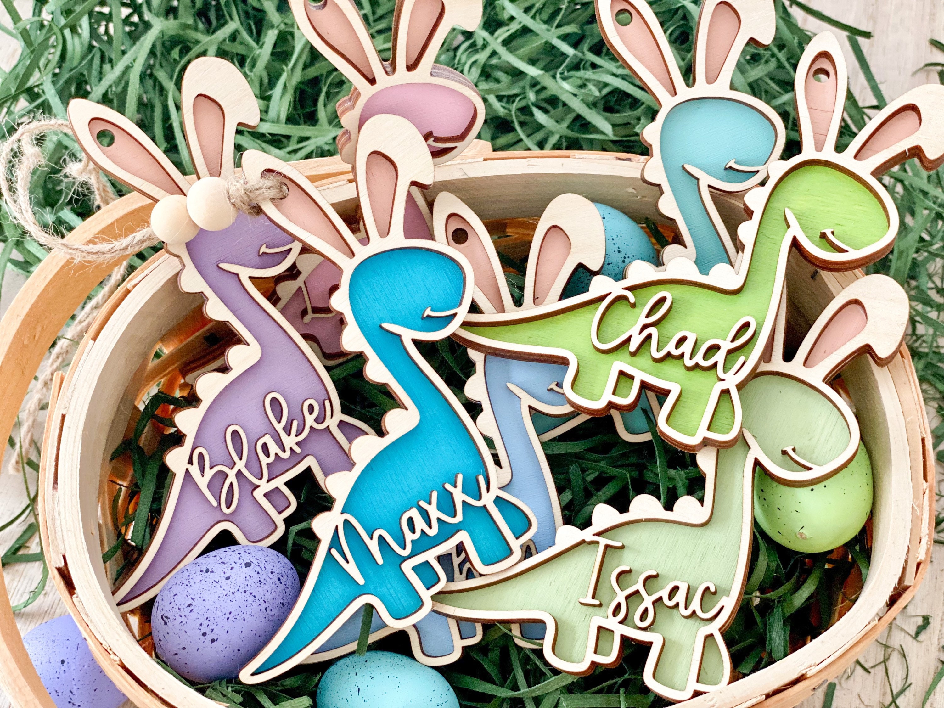 Easter basket tag, personalized name tag, dinosaur decor, Dino easter tag, easter bunny, kids easter decor, Easter egg, baby boy gift