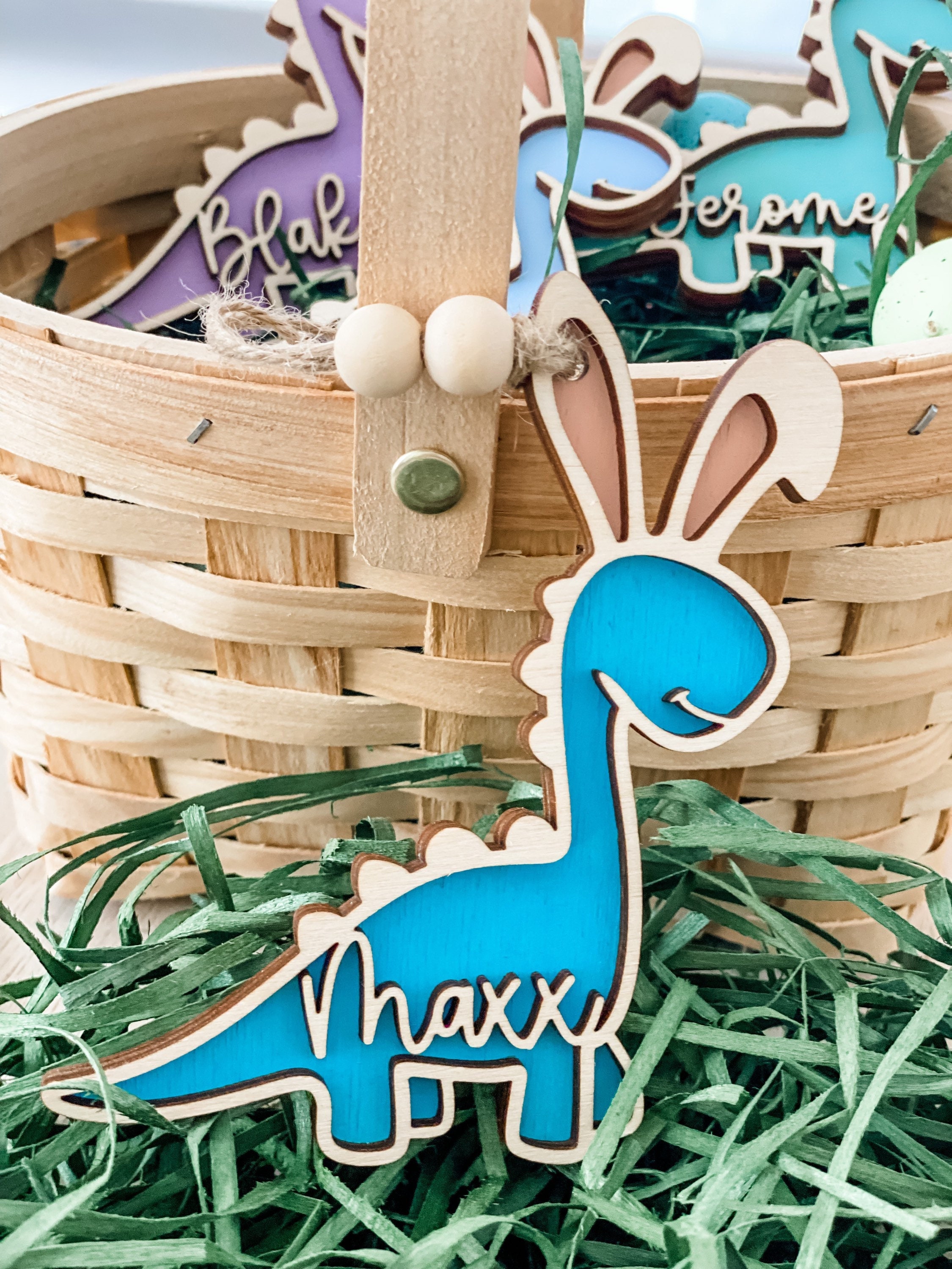 Easter basket tag, personalized name tag, dinosaur decor, Dino easter tag, easter bunny, kids easter decor, Easter egg, easter tier tray