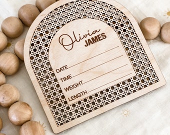 Rattan birth announcement, newborn stat sign, baby name announcement, baby photo prop, baby shower gift, boho decor, boho nursery