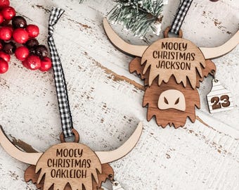 Personalized Highland Cow Christmas Ornament: Farmhouse Plaid Decor