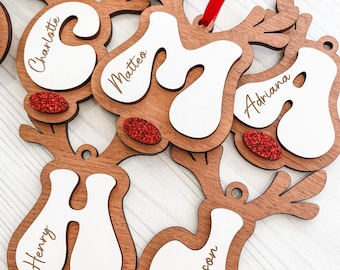 Personalized Reindeer Christmas Ornament: Laser Cut Wood, Glitter Nose