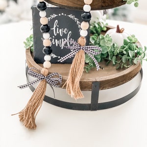 Buffalo check, black and white tasseled garland, tiered tray decor, fall decor, farmhouse garland, buffalo plaid garland, Christmas garland