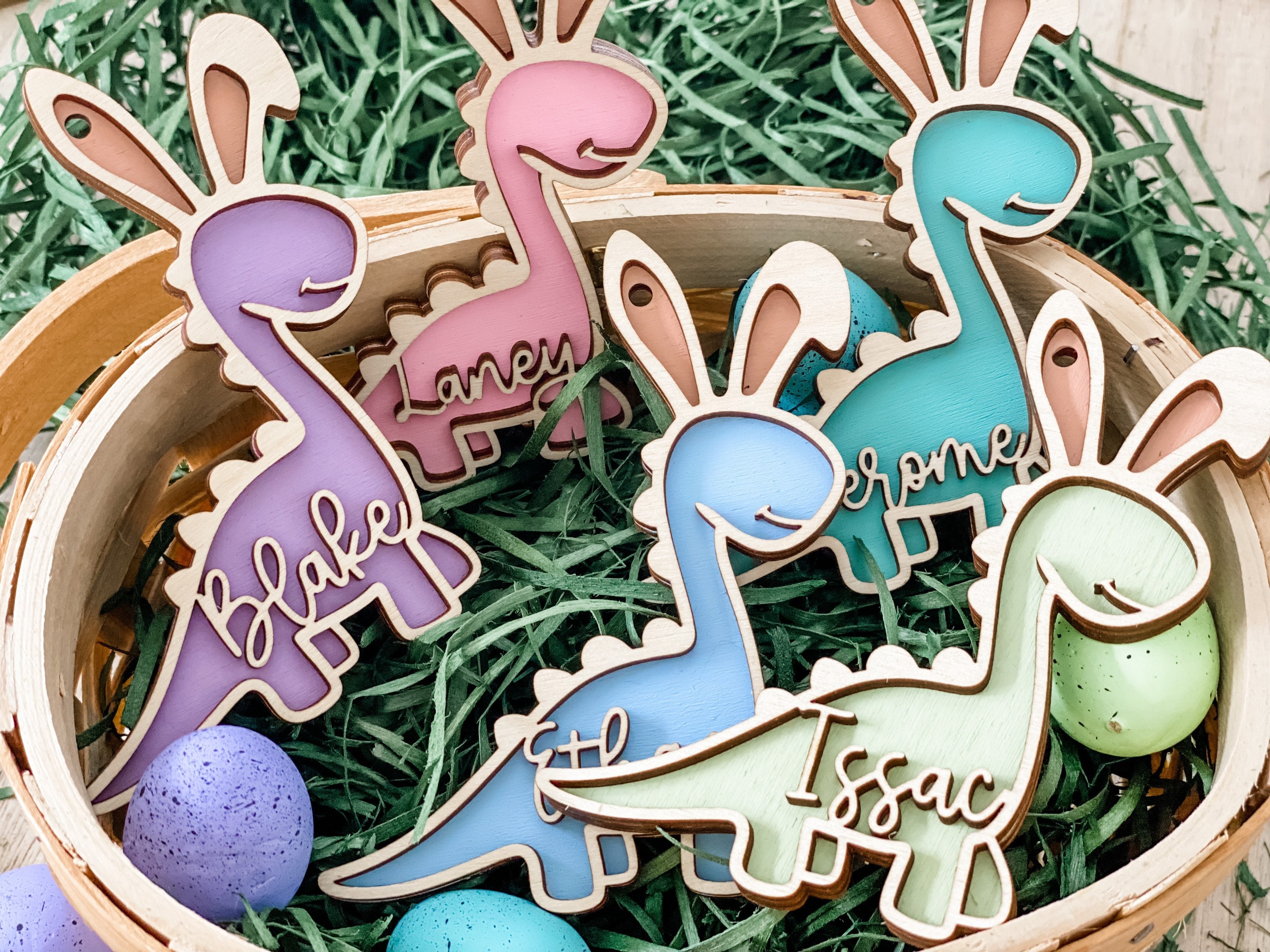Easter basket tag, personalized name tag, dinosaur decor, Dino easter tag, easter bunny, kids easter decor, Easter egg, easter tier tray