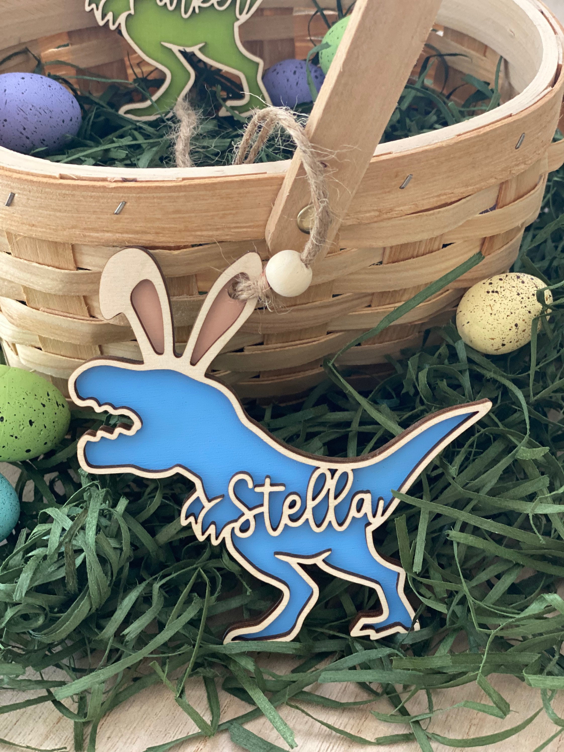 Easter basket tag, personalized name tag, dinosaur decor, Dino easter tag, easter bunny, kids easter decor, Easter egg, baby boy gift