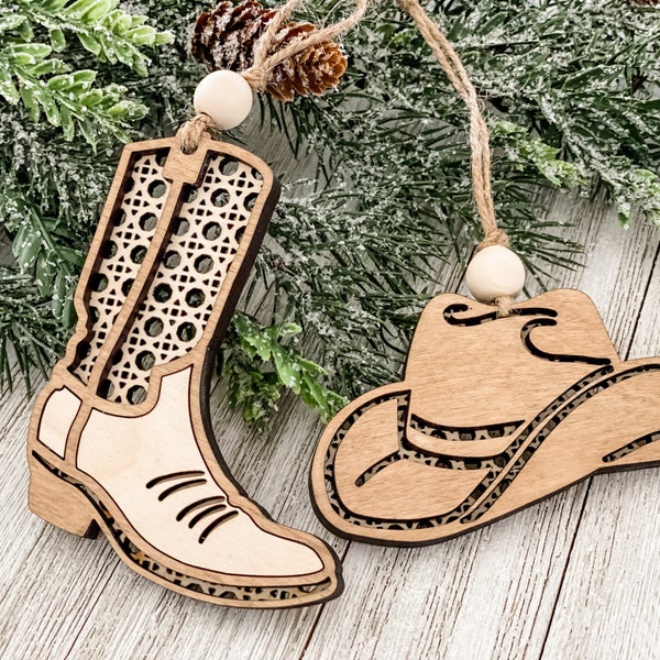 Farmhouse Christmas ornaments, cowboy hat, cowboy boot, boho farmhouse decor, rustic Xmas ornaments, farmhouse ornament set, cowgirl boots