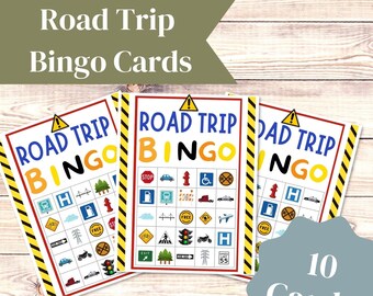 10 Printable Road Trip Bingo Cards, Car Bingo Games Instant Download, Bingo Games For Kids, Family Vacation Games, Travel Game Printable