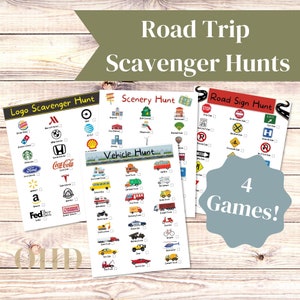 Road Trip Scavenger Hunt Games For Kids / Families Including Logo Hunt, Scenery Hunt, Road Sign Hunt, Vehicle Hunt. Great For Bordem Busters