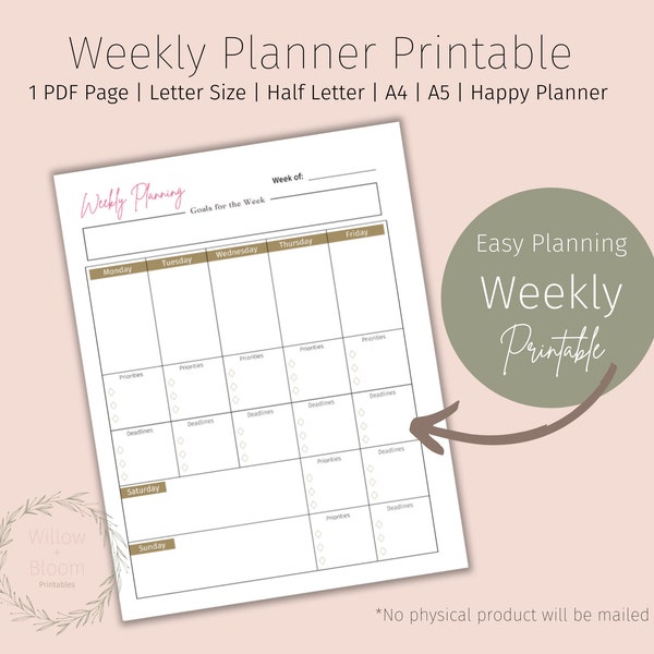 Weekly Planner Printable, Weekly Planner 2021, Weekly To Do List, Planner Inserts, Digital Weekly Planner, Printable Planner Pages