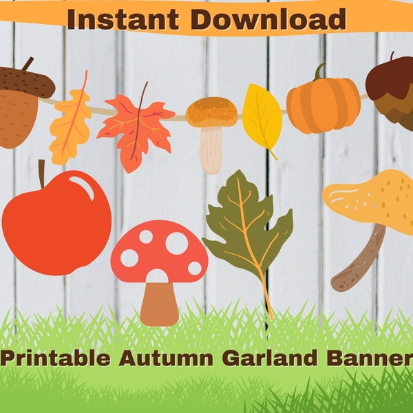 Autumn Banner Printable, Garland Leaves, Mushroom Acorn, Nursery Banner, Nursery Decorations, Party Decoration, Autumn Garland, Fall Decor