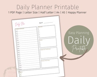 May include: A printable daily planner with sections for today's schedule, must do's, goals, leave for tomorrow, dinner planning, and notes. The planner is designed in a simple, minimalist style with black text on a white background.