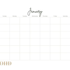 May include: A blank calendar template for the month of January. The calendar has a simple design with the days of the week listed across the top and a grid of squares for each day. The word "January" is written in cursive at the top of the calendar.