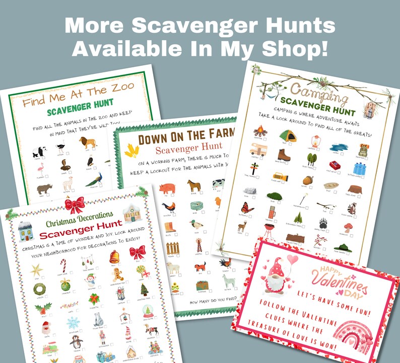 Peut inclure: Une collection de jeux de chasse au tr&eacute;sor imprimables pour diff&eacute;rents th&egrave;mes, notamment un zoo, une ferme, un camping, des d&eacute;corations de No&euml;l et la Saint-Valentin. Chaque jeu pr&eacute;sente une liste d'objets &agrave; trouver avec des cases &agrave; cocher.