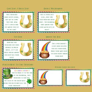 Peut inclure: Un ensemble de cartes imprimables pour une chasse au tr&eacute;sor sur le th&egrave;me de la Saint-Patrick. Les cartes pr&eacute;sentent un fer &agrave; cheval dor&eacute; et un arc-en-ciel avec un pot d'or au bout de l'arc-en-ciel. Les cartes contiennent des instructions pour trouver le prochain indice. Le texte sur les cartes comprend des phrases comme "Cette chasse au tr&eacute;sor continue", "V&eacute;rifions et voyons o&ugrave; vous vous asseyez dans la voiture", "Les indices du lutin vous ont aid&eacute; &agrave; utiliser votre t&ecirc;te", et "F&eacute;licitations&nbsp;! Vous avez atteint la fin de l'arc-en-ciel, ce tr&eacute;sor est pour vous".