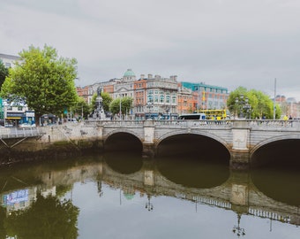 May include: A stone bridge with two arches over a river in Dublin, Ireland. The bridge is lined with railings and there are buildings on both sides of the river.