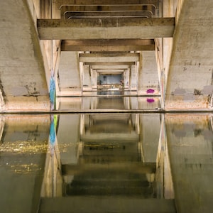 Puede incluir: Un puente de hormigón con múltiples arcos sobre un cuerpo de agua tranquilo. El agua refleja la estructura del puente, creando un patrón simétrico.