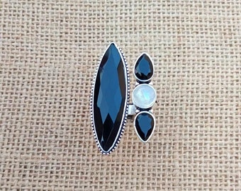Black Onyx And Moonstone Multi Gemstone Ring,Handmade Statement Ring,Natural Black Onyx Gemstone,925 Sterling Silver Ring,