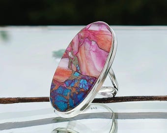 Rosa taggig ostron turkos ring, 92.5 sterlingsilverring, handgjord vanlig ring, rosa taggig ostronring, kärleksring för kvinnor, present till henne