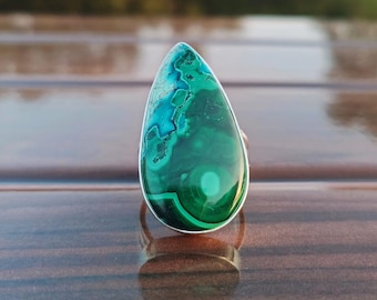 Azurite Malachite Ring,92.5 Sterling Silver Ring,A++ Quality Natural Gemstone,Solid Silver Plain Ring,Gift For Mom,Her,Long Pear Shape Ring