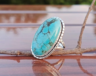 Handmade Oval Turquoise Ring: 925 Sterling Silver Statement Ring