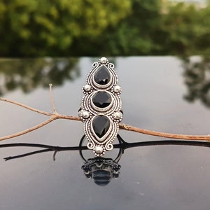Black Onyx Multi-Stone Ring: Long Boho 925 Sterling Silver